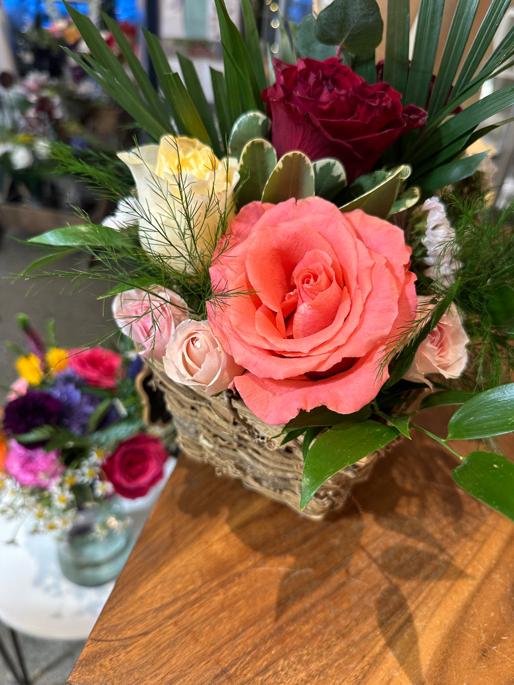 Rose & Mixed Flower Centerpiece – Larkspur & Lily