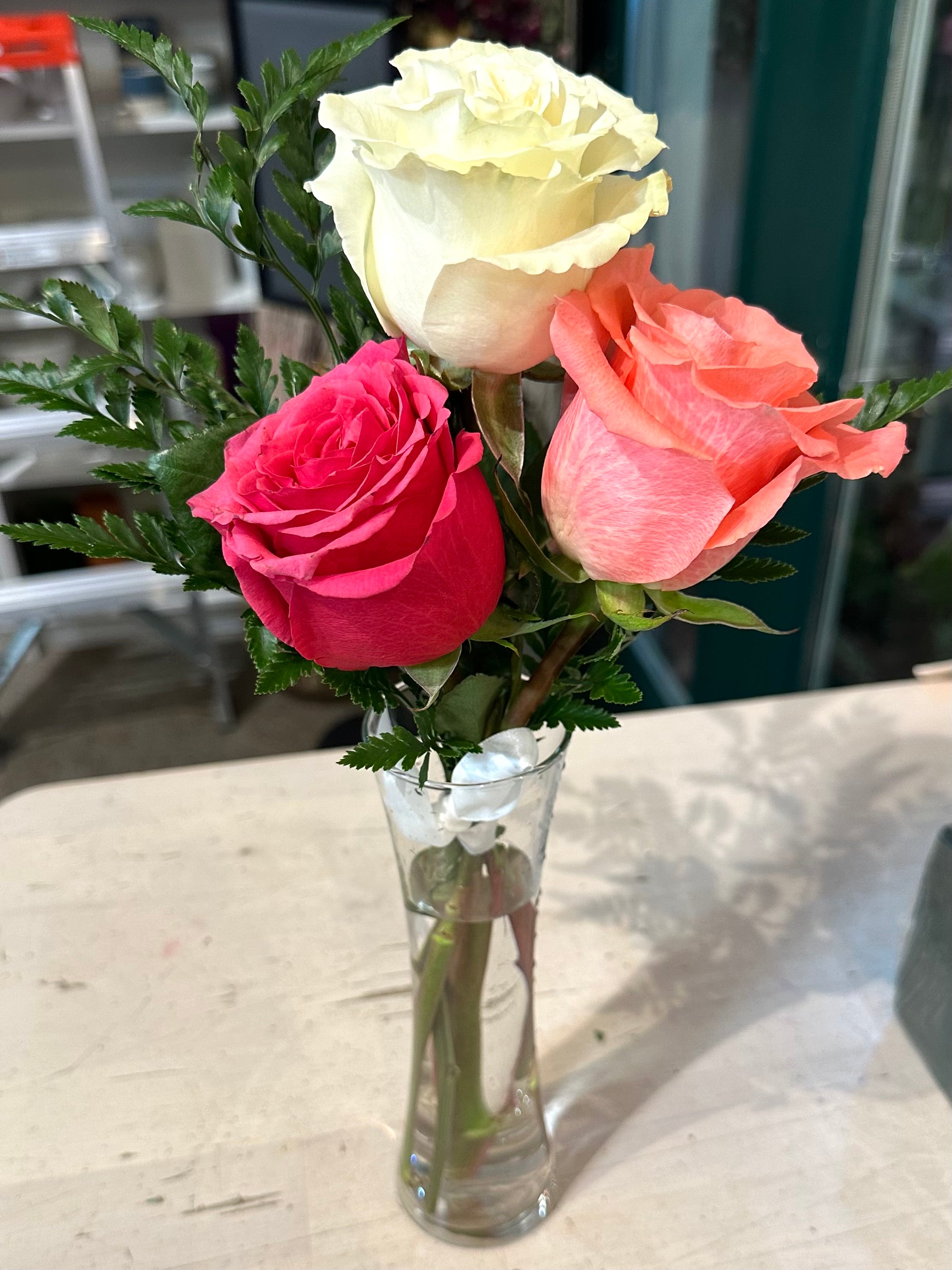 3-Rose Bouquet – Larkspur & Lily