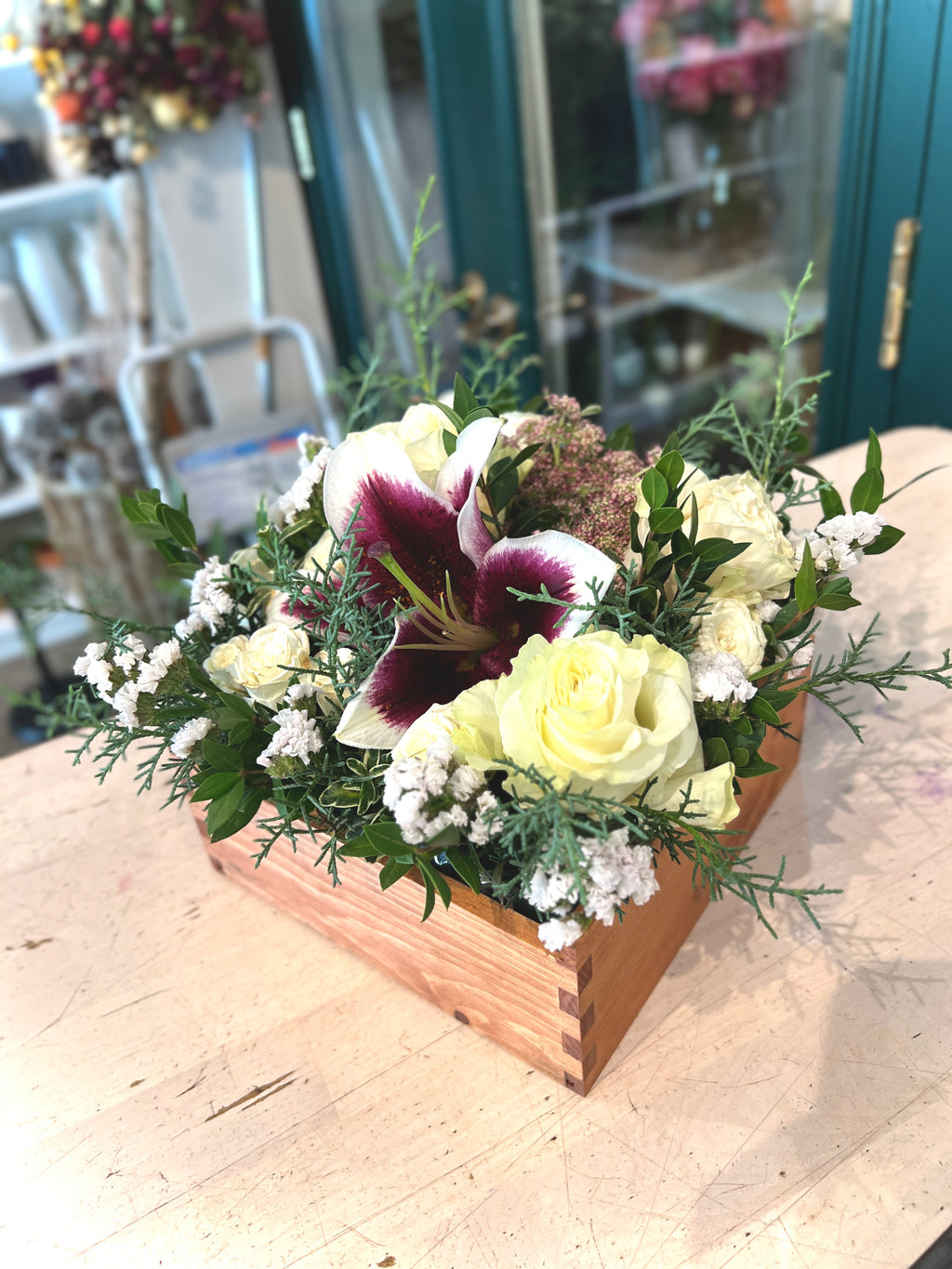 Elegant Wooden Flower Box – Funeral Arrangement